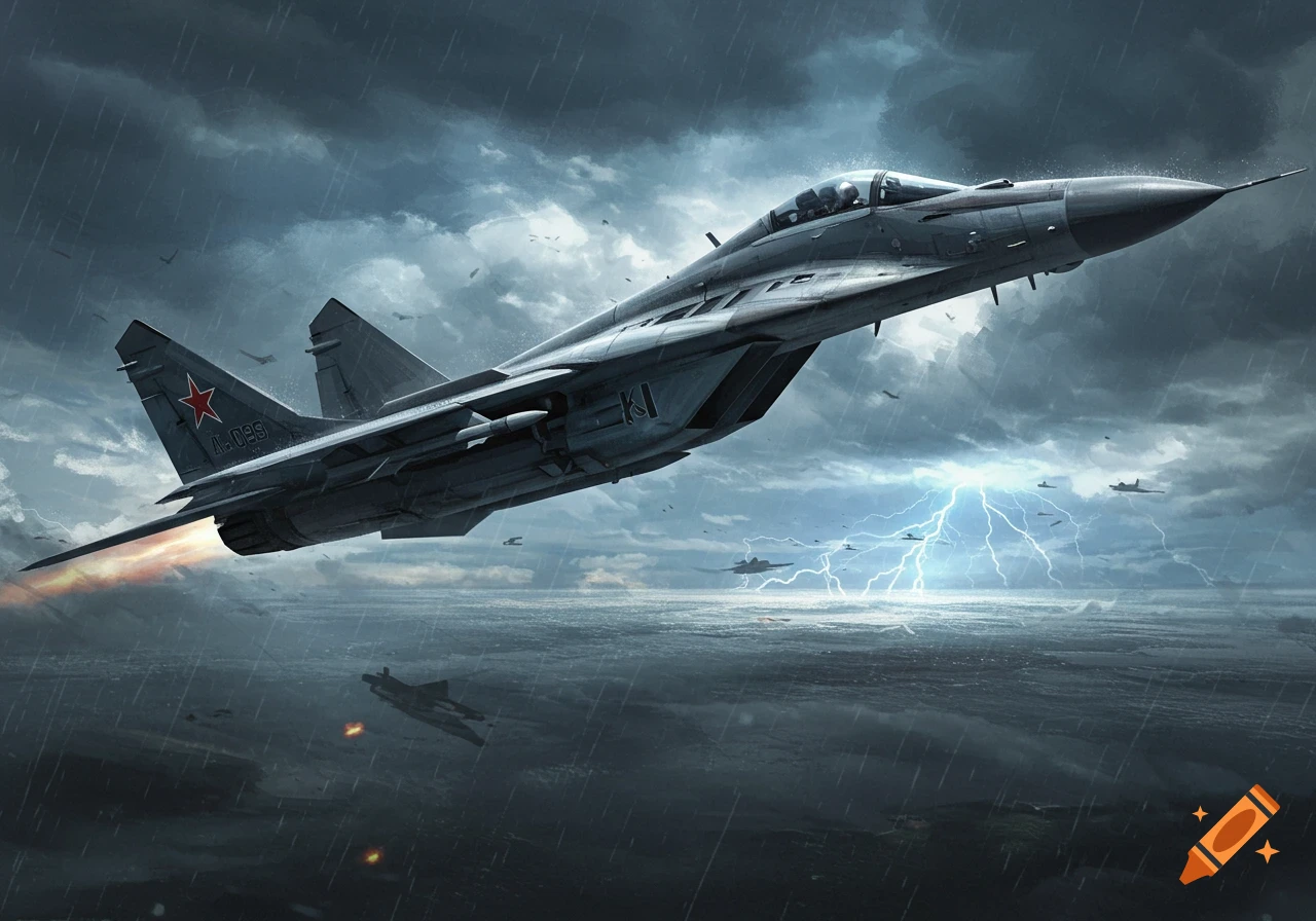 A Mig-29 fighter jet flies through a stormy sky with lightning over a dark ocean, in a digital art style.