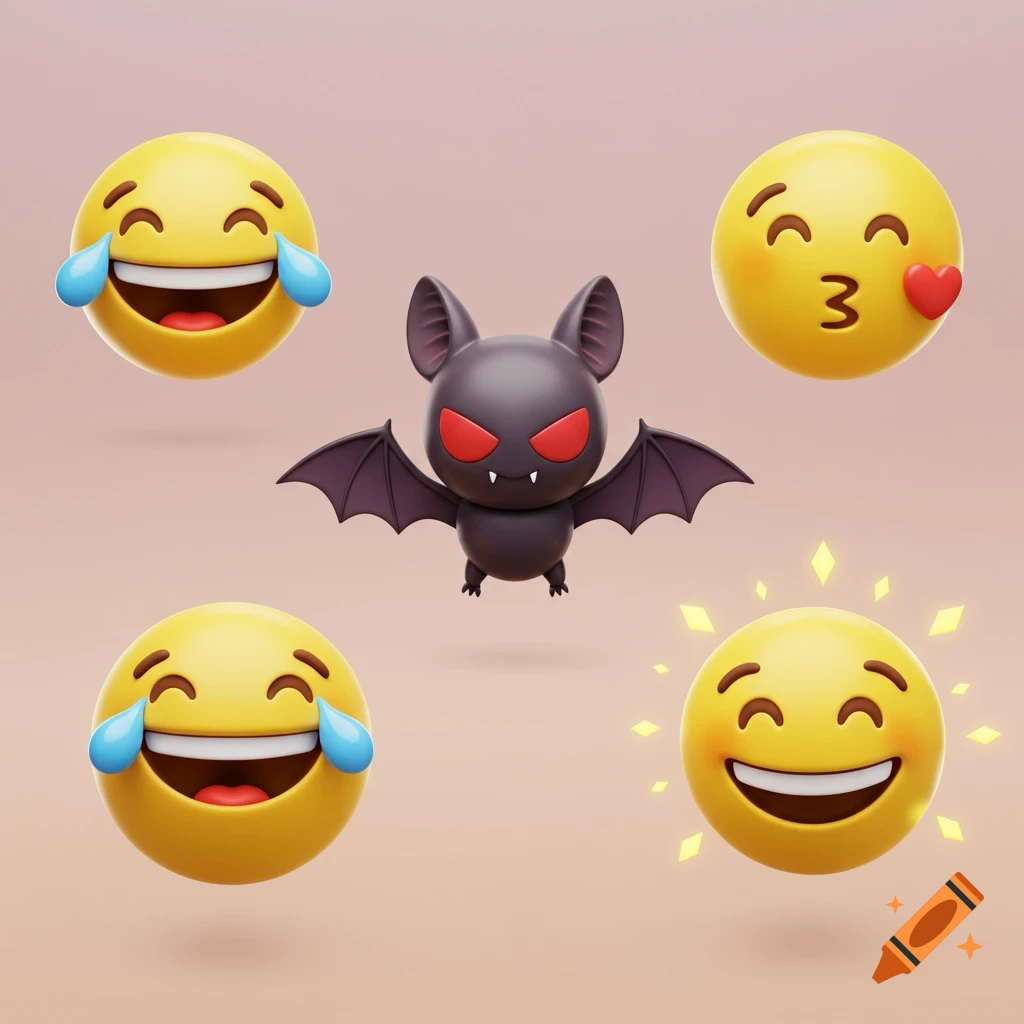 A collection of 3D emojis: laughing faces, a kissing face, a smiling face, and a black bat.