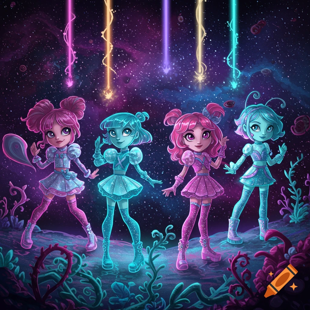 Four colorful, stylized cartoon girls in sparkly dresses stand in a vibrant cosmic landscape with glowing light beams.