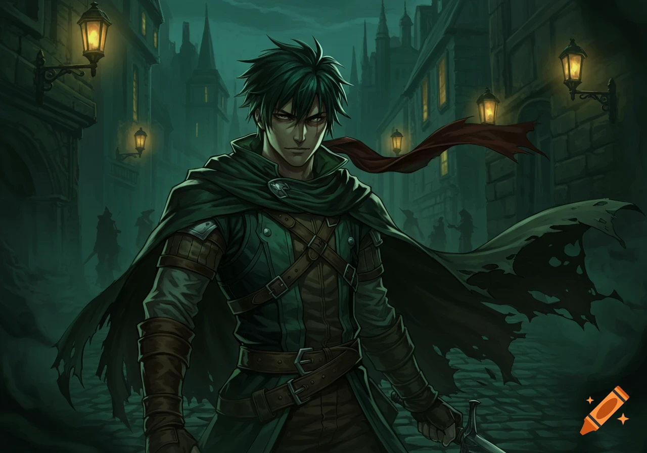 An anime-style dark green-haired male character in a green cloak and rogue-like attire, holding a sword in a dim, gothic city street.
