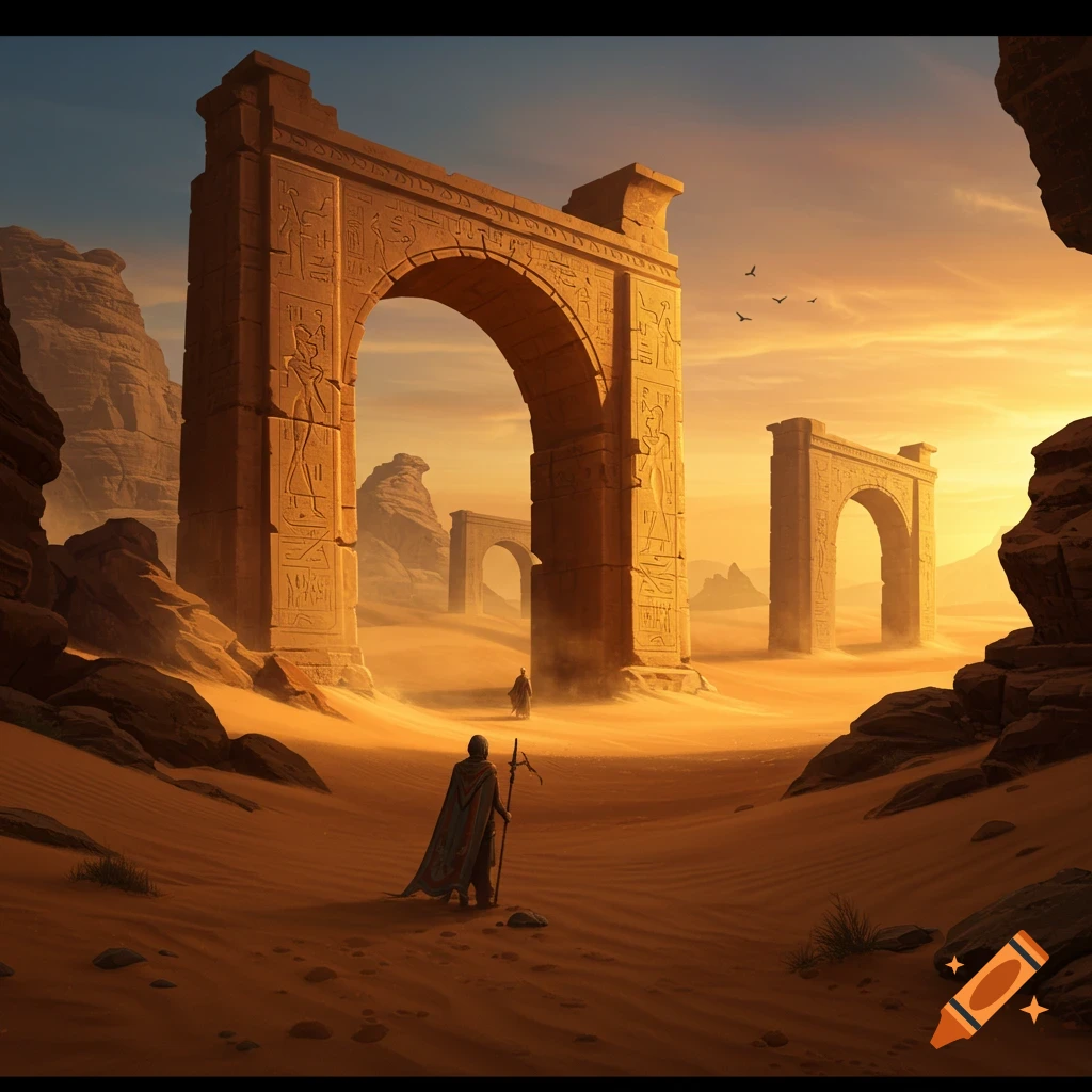 A lone figure stands in a vast desert looking towards large ancient stone arches under a warm sunset sky.