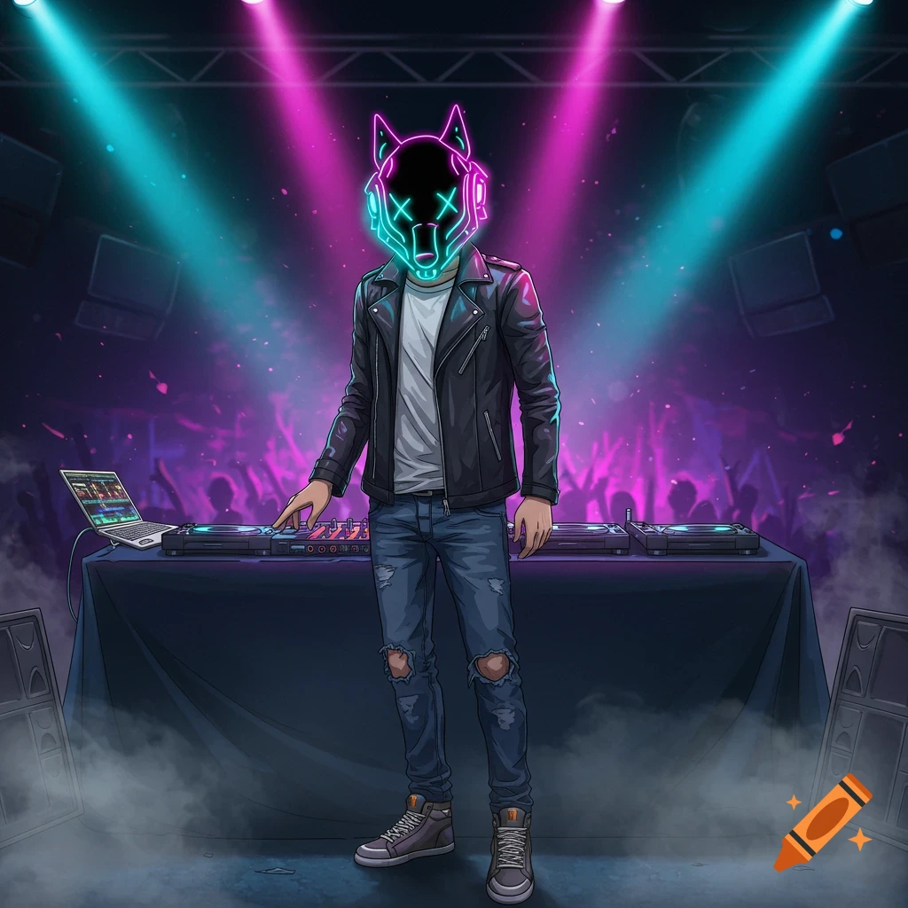 Anime-style male DJ in a black leather jacket, jeans, and a glowing wolf-like helmet at a DJ booth under neon stage lights.