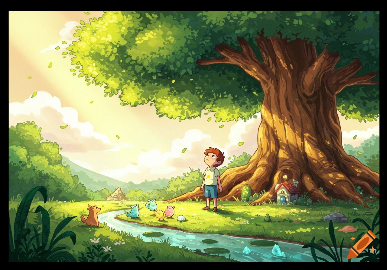 Cartoon of a boy and fantasy creatures by a river and a huge tree in a sunny, green landscape.