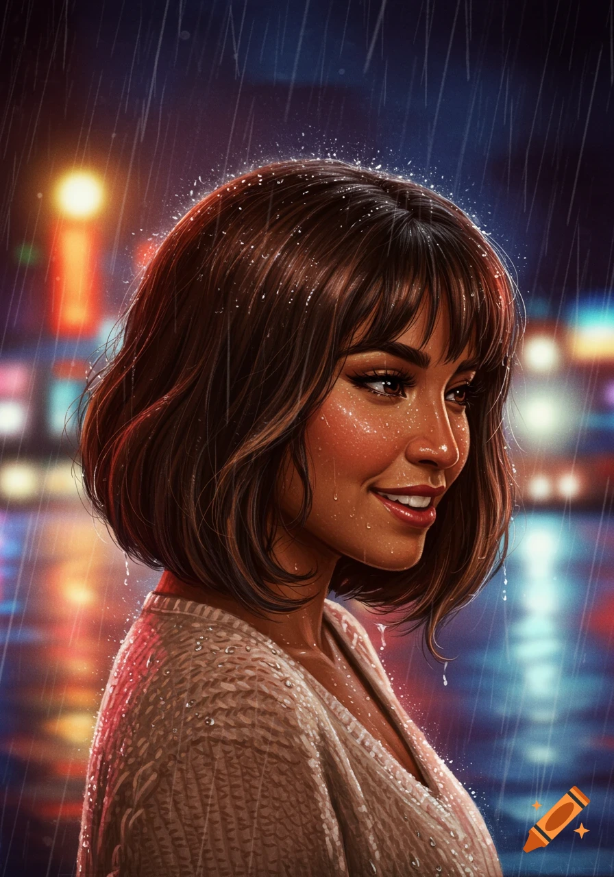 Closeup digital painting of a smiling young woman with a bob haircut, in the rain on a city street at night, with blurred neon lights in the background.