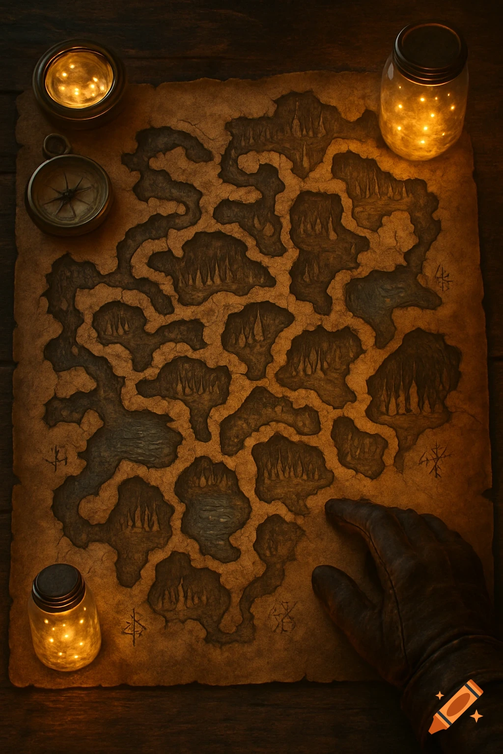 An overhead view of an old parchment cave map, illuminated by glowing jars and a compass on a dark wooden table, with a gloved hand pointing.