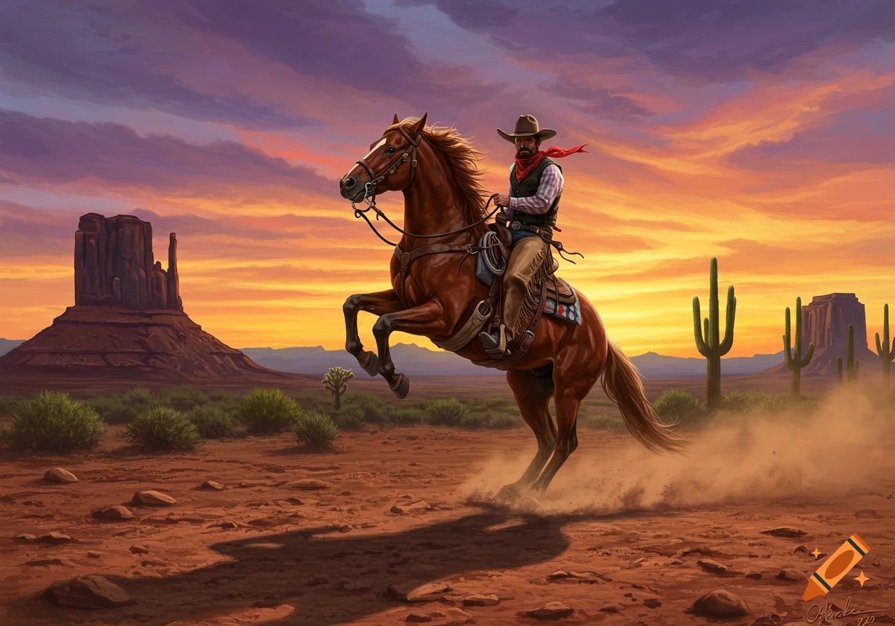 A cowboy on a rearing horse in a desert landscape with buttes and saguaro cacti at sunset, painted in a stylized art style.