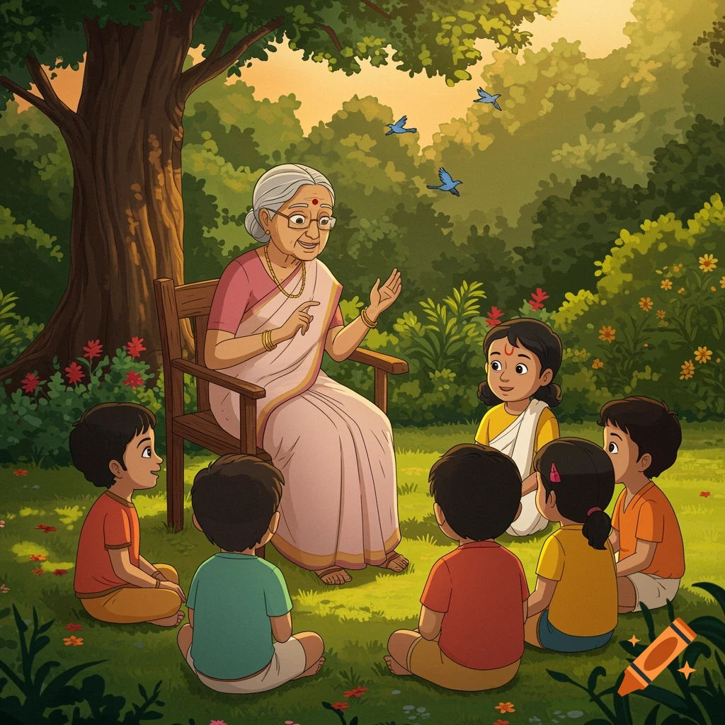 Elderly Indian woman telling stories to children under a tree in a lush, cartoon-style garden.