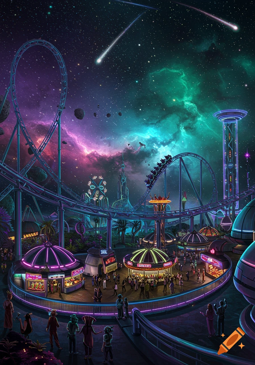 A vibrant, futuristic space theme park at night with glowing neon rollercoasters, carnival rides, and crowds under a starry, nebula-filled sky.