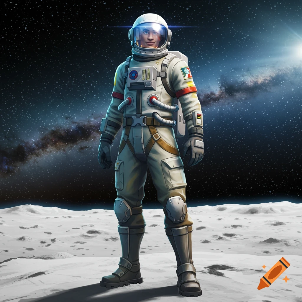 A Fortnite character in a white spacesuit standing on the moon with a starry galaxy background.