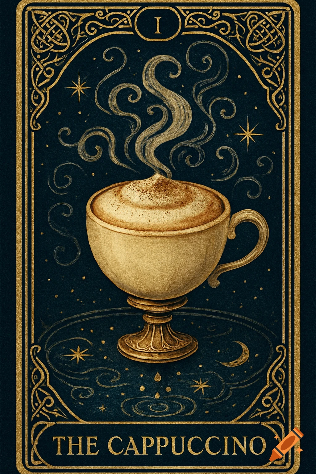 Dark blue and gold tarot card with ornate border featuring a stylized, steaming cappuccino cup. Text "THE CAPPUCCINO" at bottom.