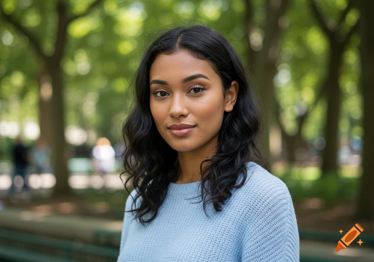A photorealistic portrait of a young woman with dark hair and a light blue sweater, looking at the camera in a park with blurred trees in the background.