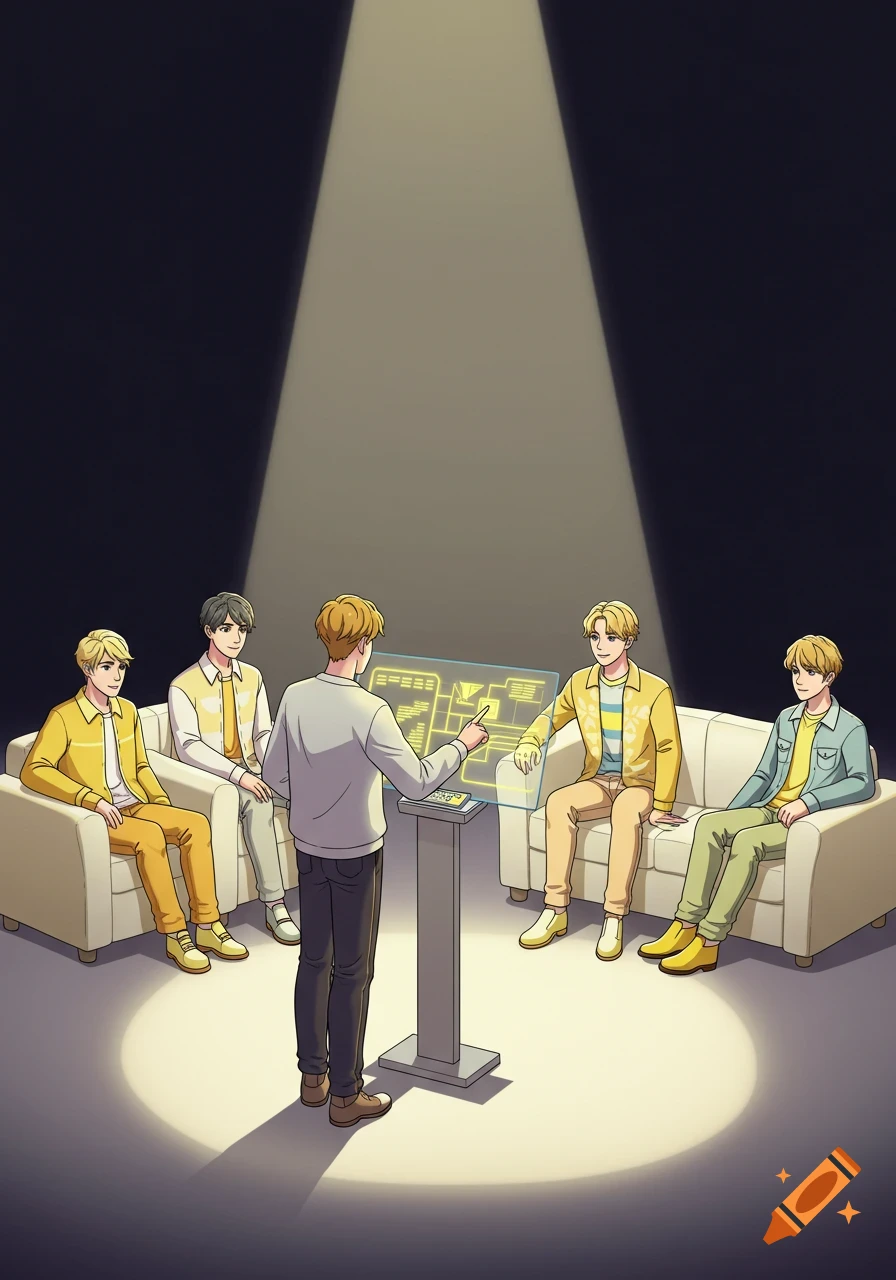 An anime-style image of five men, one standing at a holographic display, presenting to four others seated on sofas.