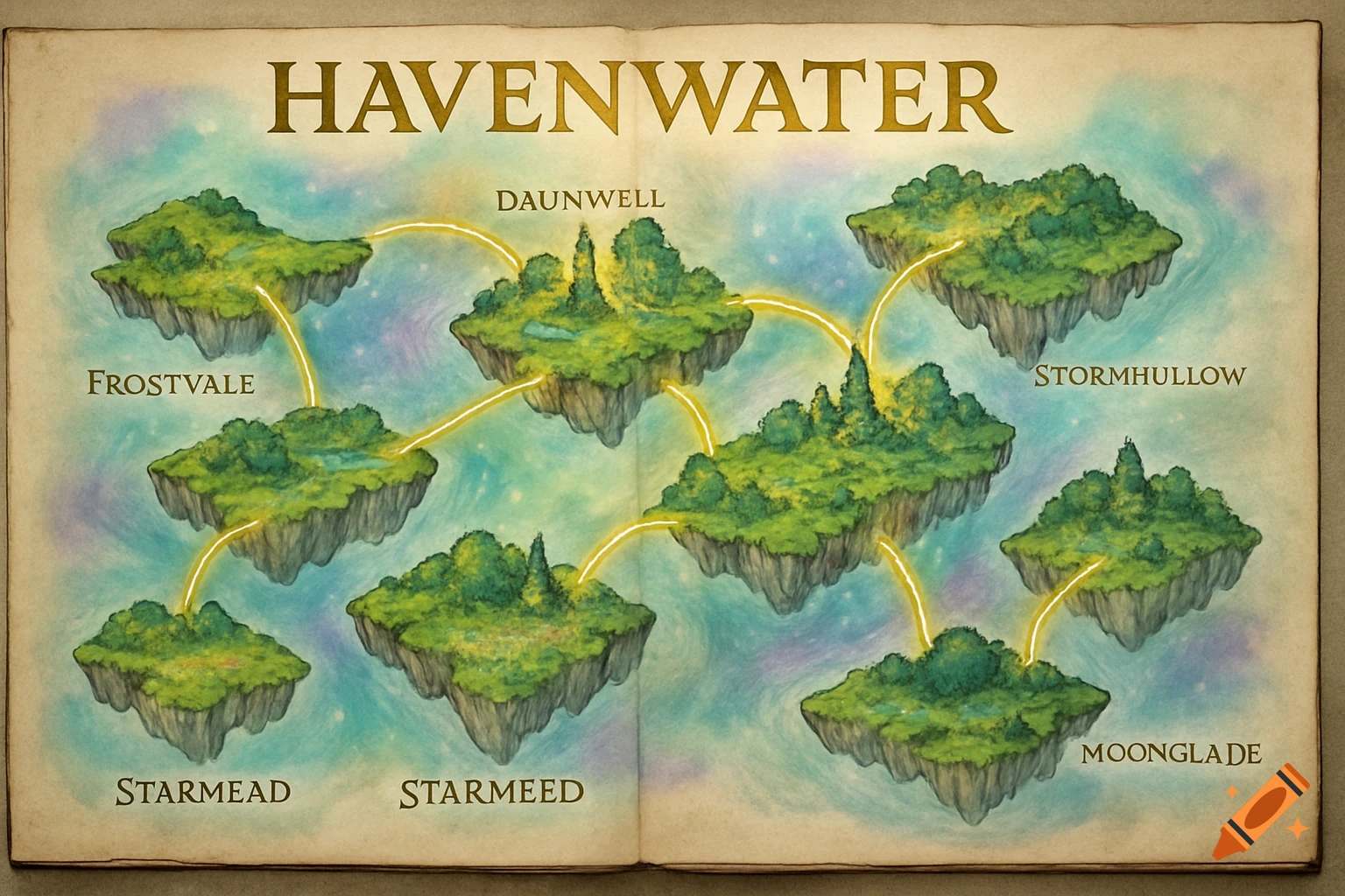 A hand-drawn fantasy map titled 'Havenwater' on parchment, showing interconnected floating islands with lush green landscapes and glowing ethereal bridges over a colorful sky. Labels include Frostvale, Daunwell, Stormhullow, Starmead, Starmeed, and Moonglade.