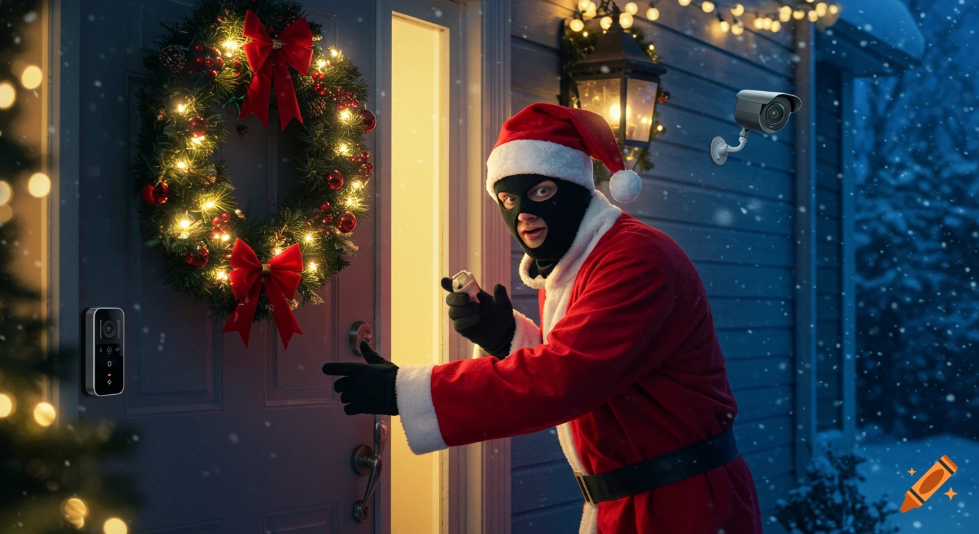 A burglar in a Santa suit and black ski mask tries to break into a snow-covered, Christmas-decorated house at night, caught by a security camera.