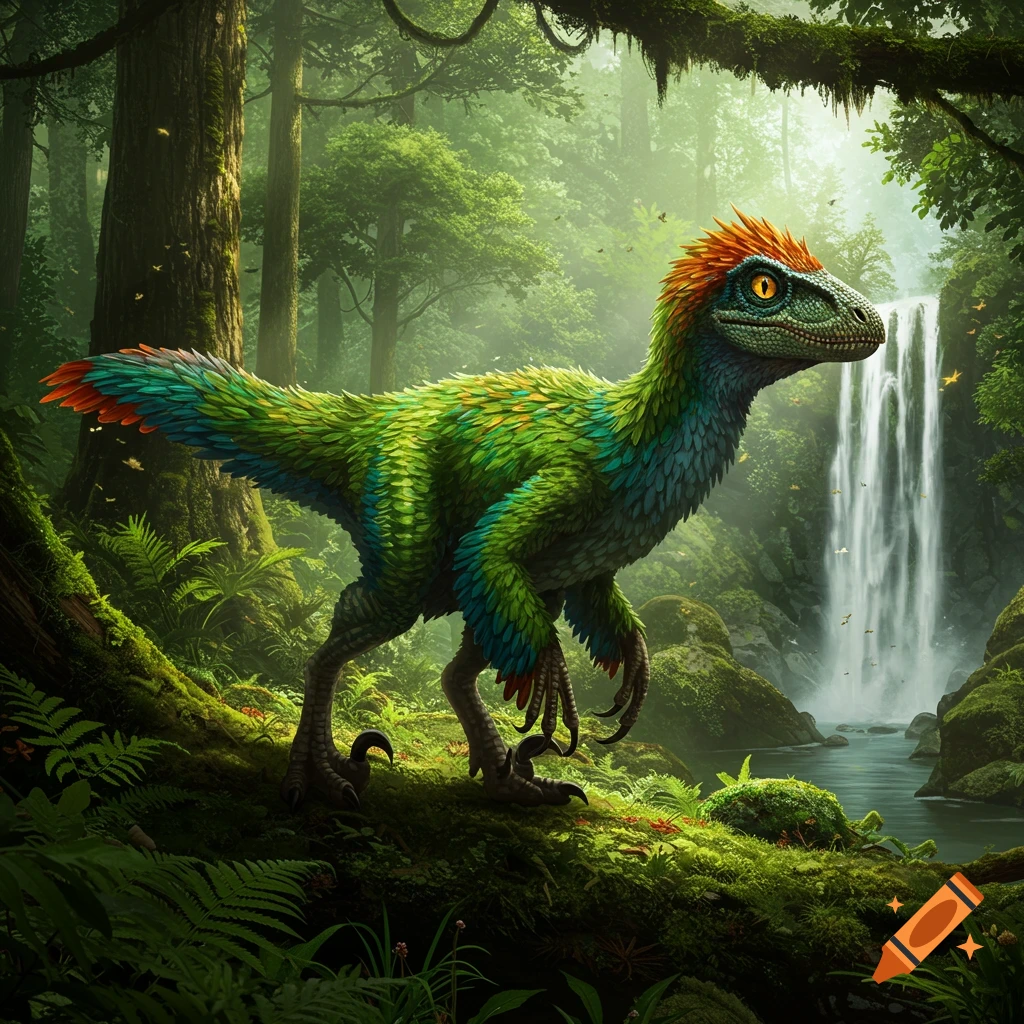 A vibrant, colorful feathered dinosaur stands on a mossy log in a lush green jungle with a waterfall in the background, photorealistic style.
