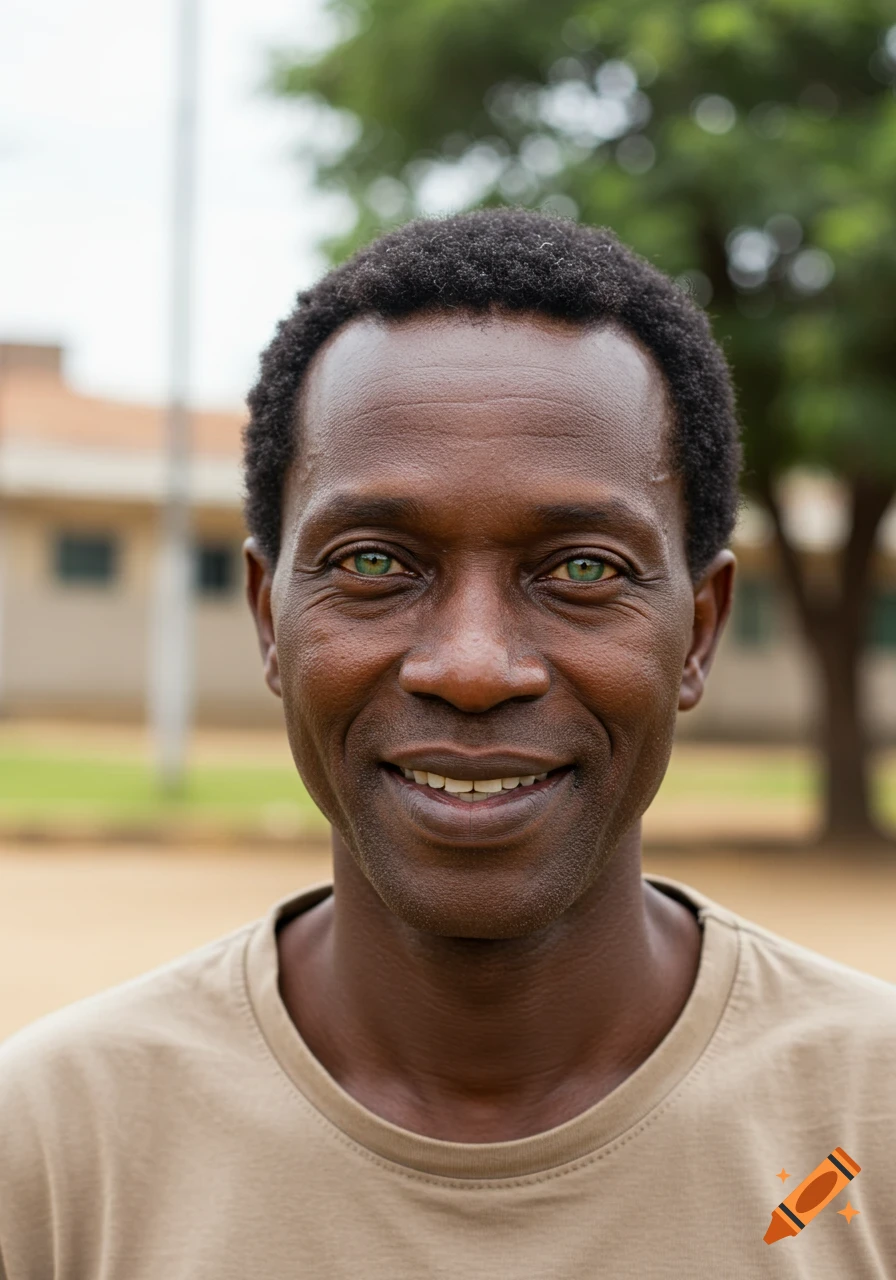 Photorealistic portrait of a smiling African man with green eyes and short hair, wearing a t-shirt, outdoors.