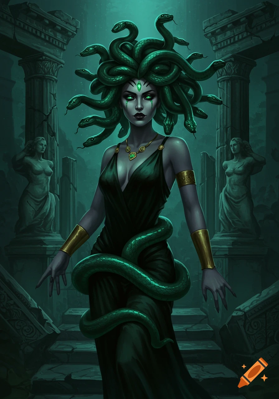 Seductive Medusa with green vipers for hair and glowing eyes, standing in dark ancient ruins. Digital fantasy art.