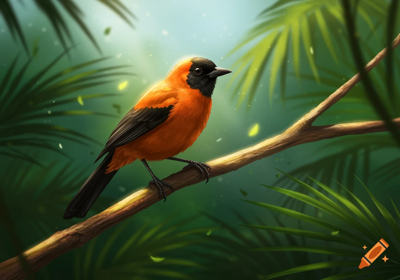 A vibrant orange and black bird perched on a branch in a lush, green jungle with sunlight filtering through leaves.