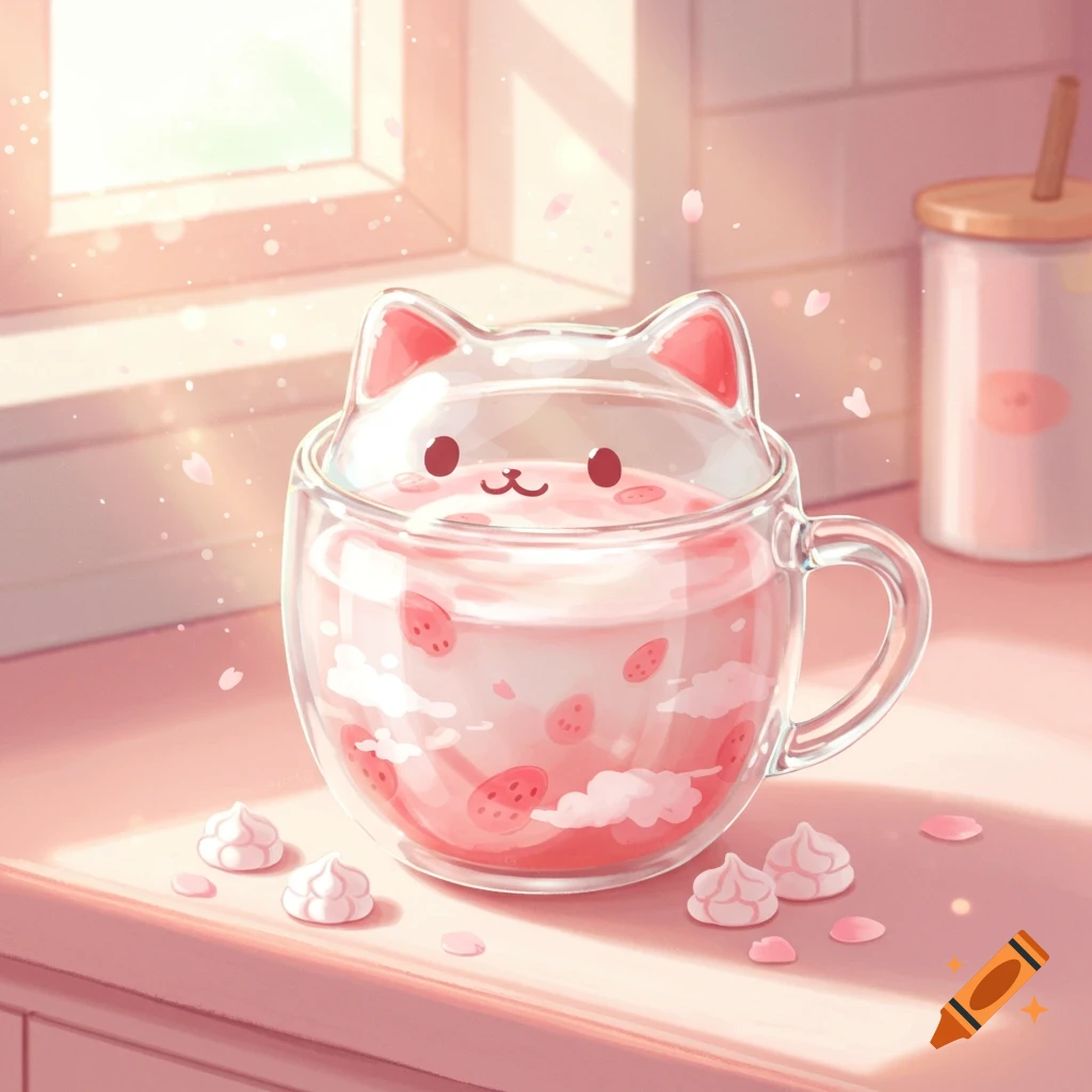 A cute, pink-toned illustration of a glass cat-shaped cup filled with strawberry milk on a windowsill with falling cherry blossoms.