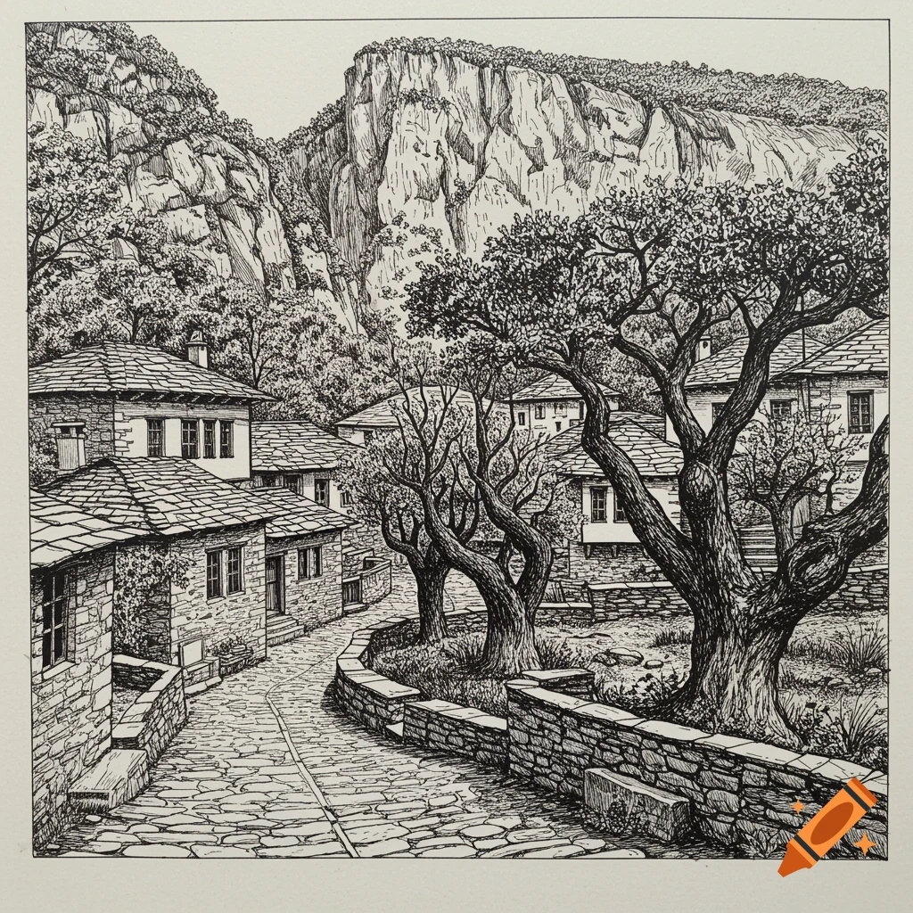 Black and white engraving of a winding stone village road, traditional houses, large trees, and a towering rocky mountain.