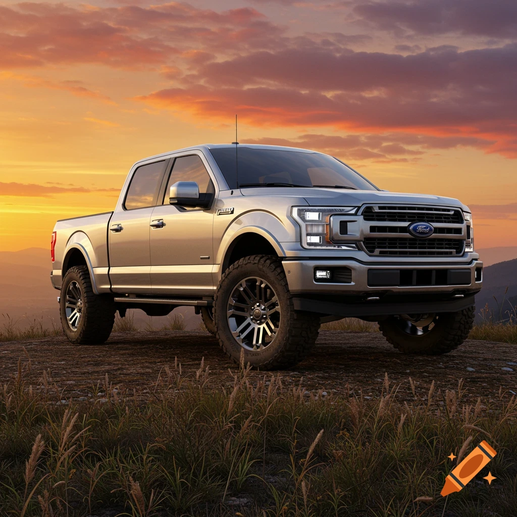 A silver Ford F-150 pickup truck with large tires parked on a dirt hill with tall grass, against a vibrant orange and purple sunset sky.