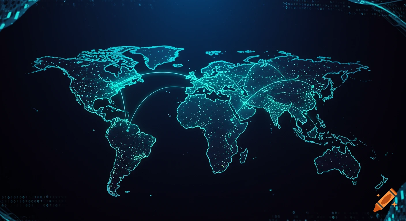 A glowing blue and green digital world map with network connection lines on a dark background.
