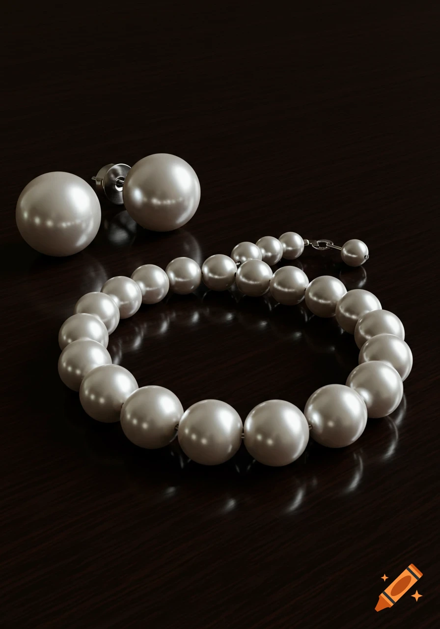 Large pearl stud earrings and a pearl necklace on a dark, reflective wooden table.