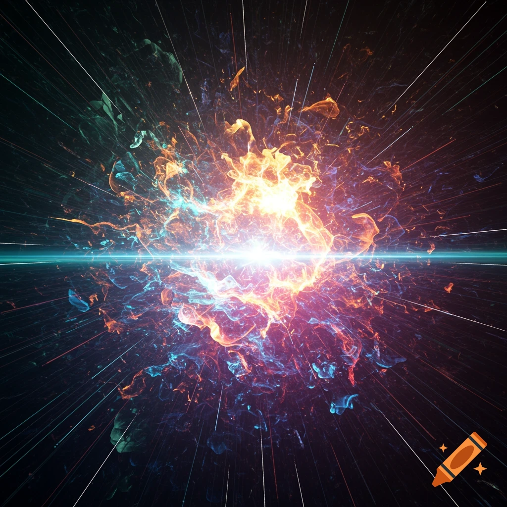 Abstract explosion of orange, blue, and purple light with bright white center and radiating lines against a dark background.