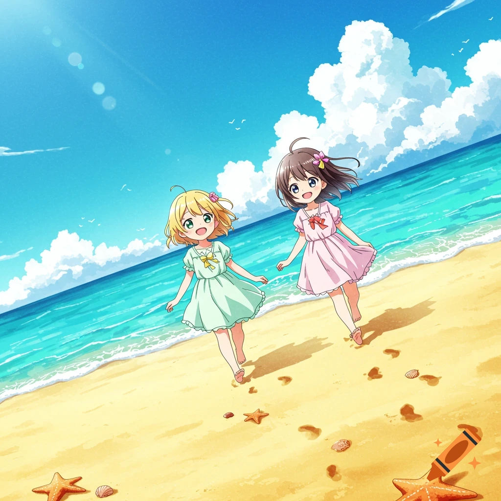 Two happy anime girls in dresses walk barefoot on a sunny beach by the blue ocean.