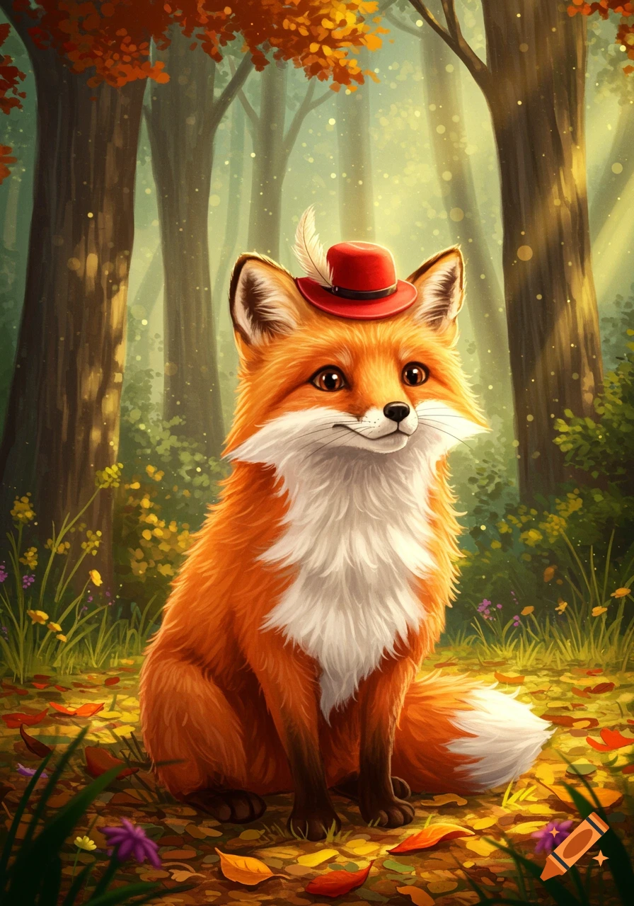 A cute orange fox wearing a red hat with a feather sits in an autumn forest.