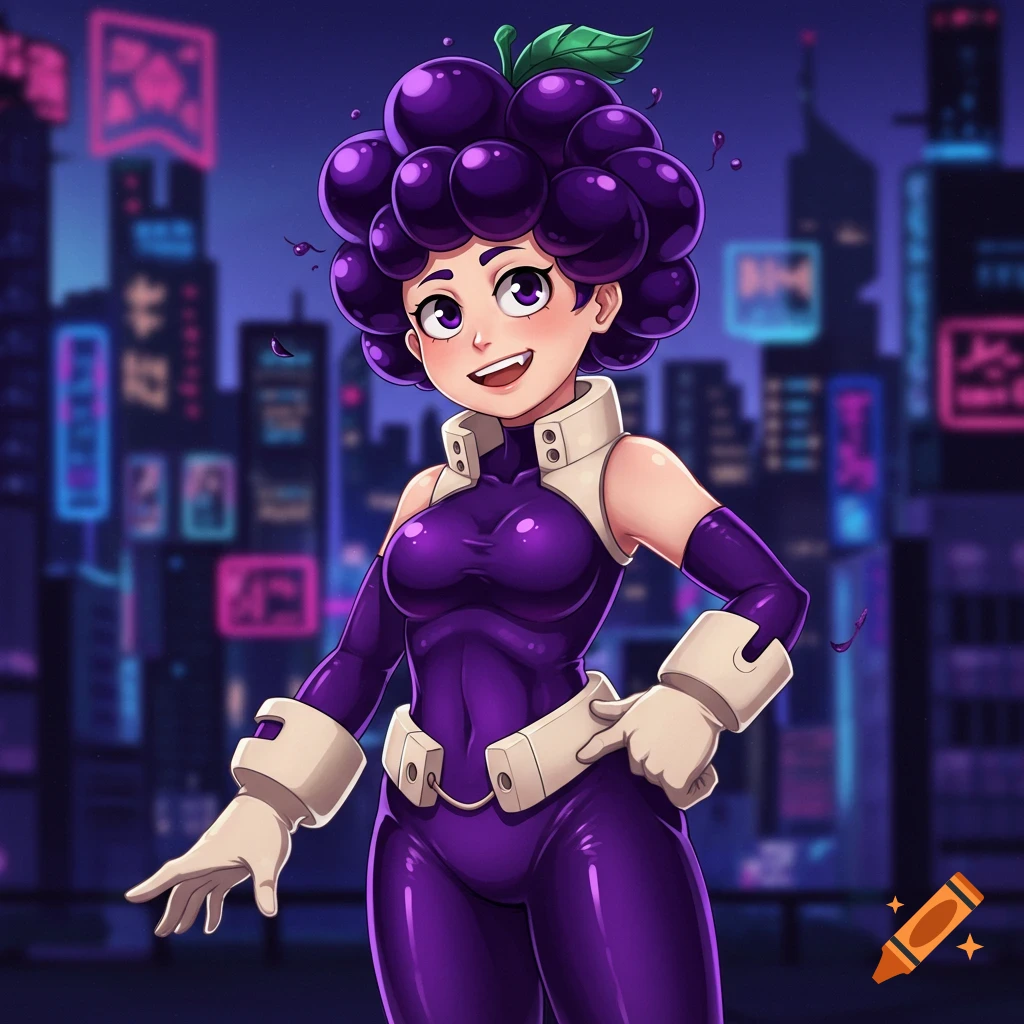 Anime-style female character with purple grape-like hair and a form-fitting purple suit, smiling in a neon city.