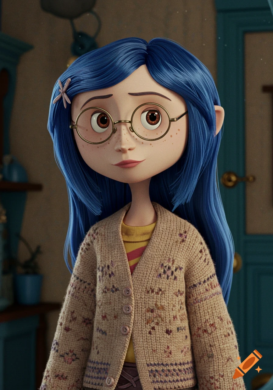 A detailed animated close-up of a young girl with long blue hair, round glasses, freckles, and a patterned knit cardigan in the Coraline style.
