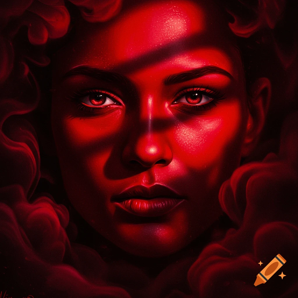 A close-up, stylized portrait of a woman's face rendered in vibrant red tones with glowing red eyes, surrounded by red smoke.