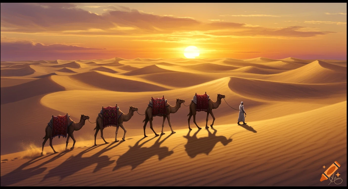 A desert caravan of a person leading four camels through sand dunes at sunset, casting long shadows.