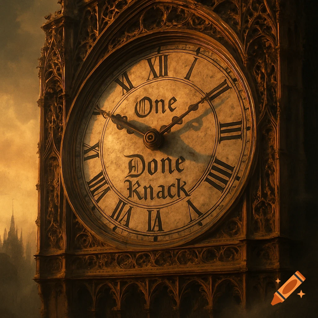 A detailed shot of a gothic clock tower with a large clock face displaying Roman numerals and the text 'One Done Knack'.