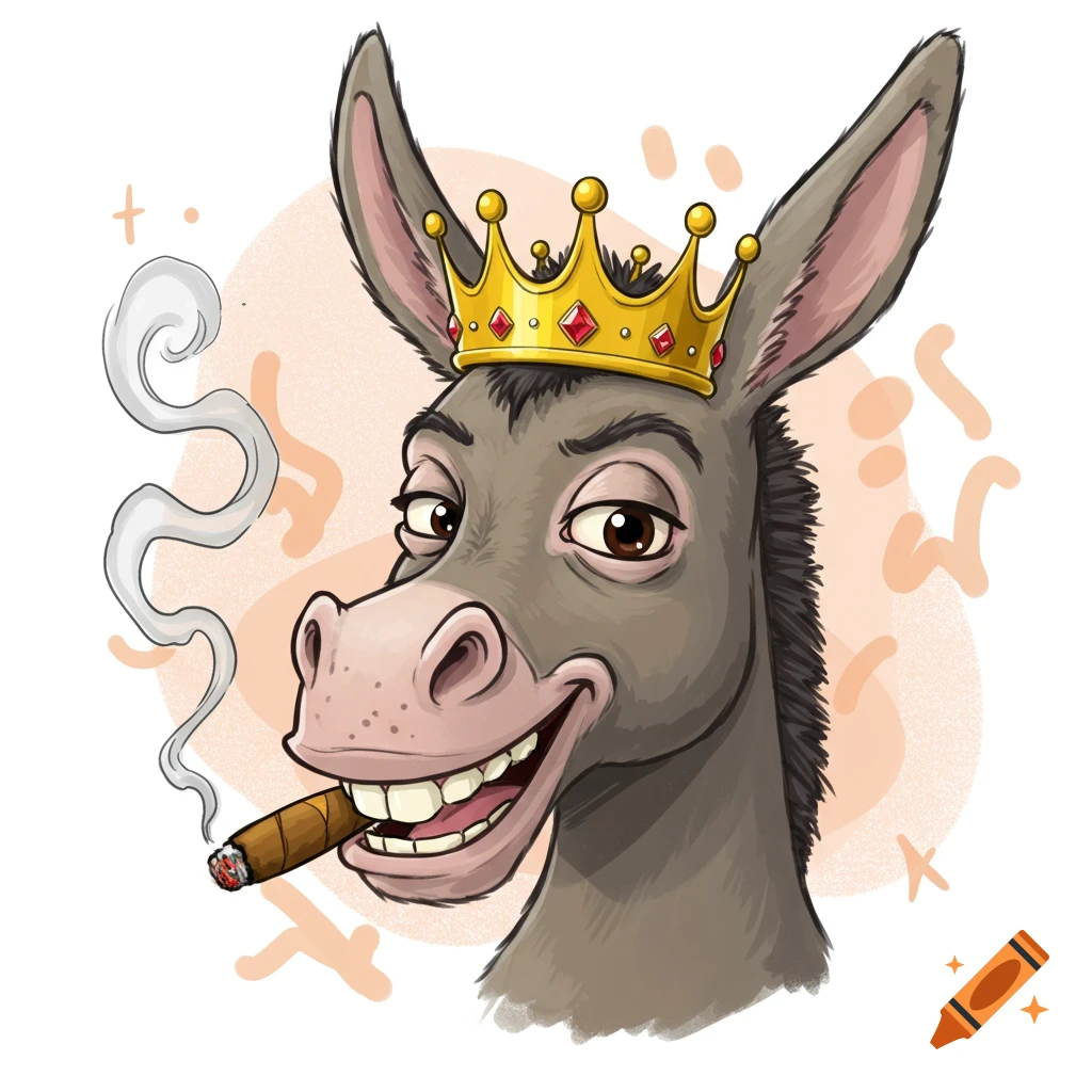 A charismatic cartoon donkey wearing a gold crown and smoking a cigar, depicted in a headshot.