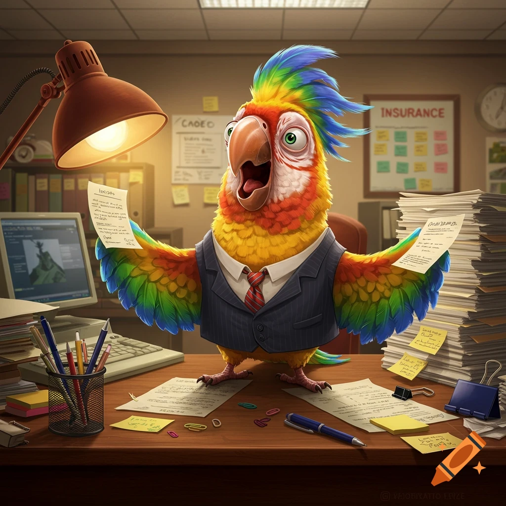 A surprised, brightly colored cartoon parrot in a suit vest sits at a messy office desk, holding papers.