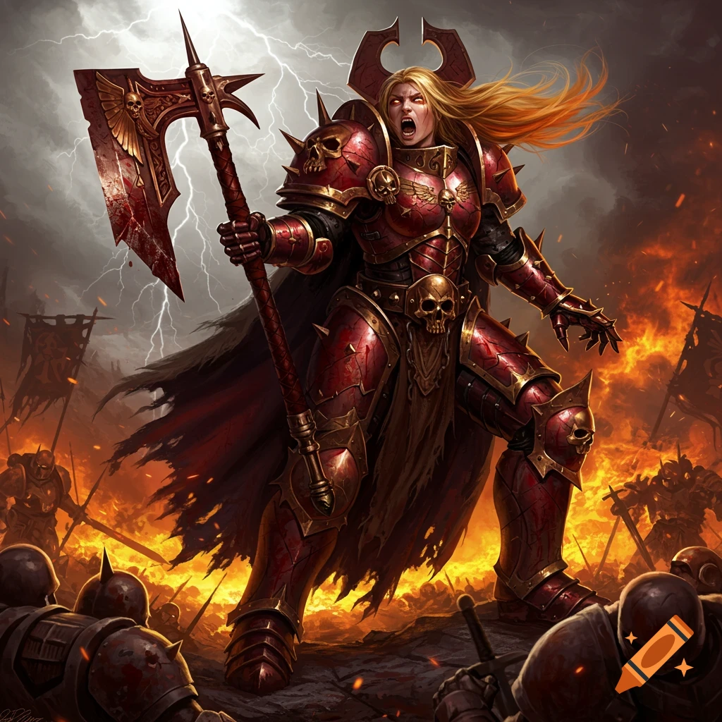 A fierce female fantasy warrior in red and gold armor holds a bloody axe on a fiery battlefield under a stormy, lightning-filled sky.