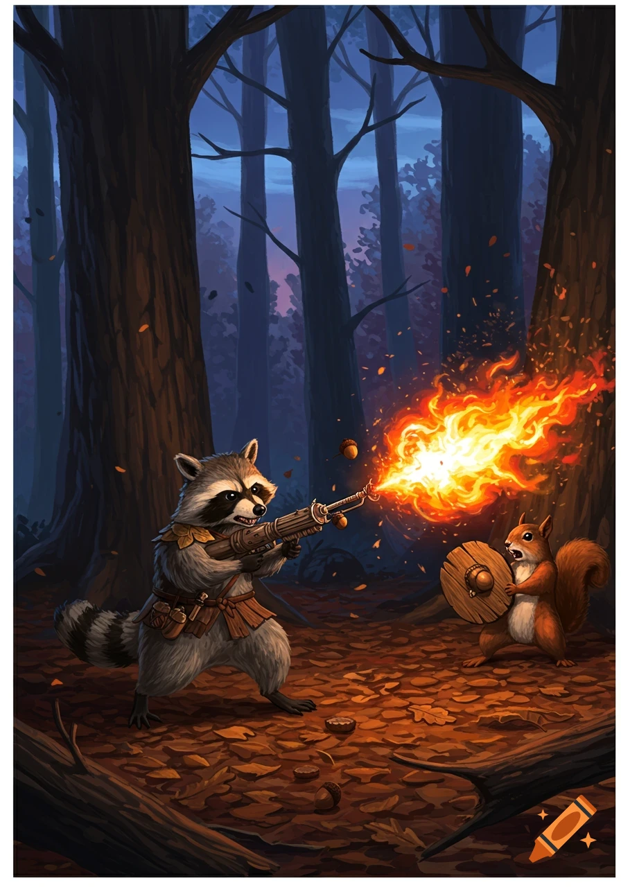 An illustration of a raccoon firing a flamethrower at a squirrel holding a shield in a dark forest.