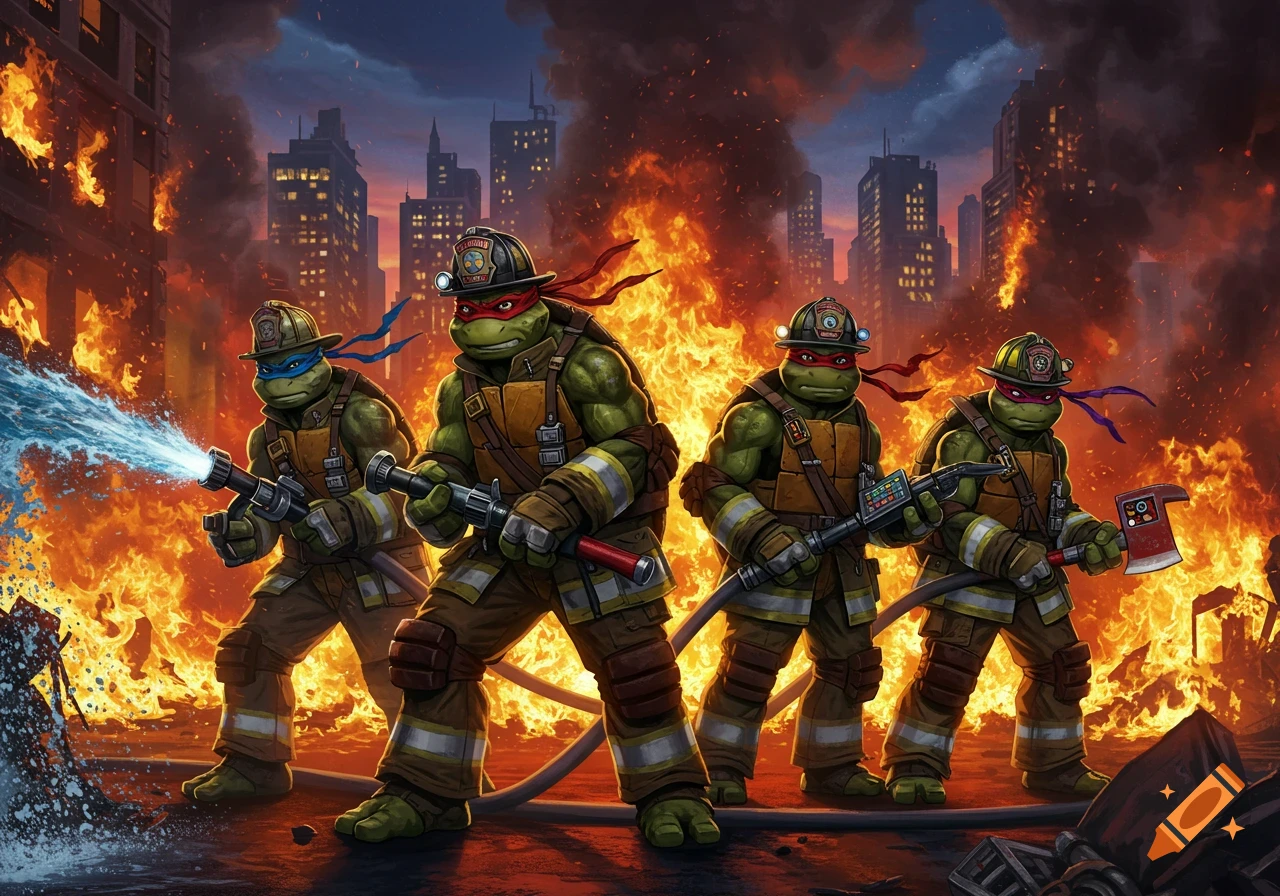 The Teenage Mutant Ninja Turtles dressed as firefighters battling a large city fire.