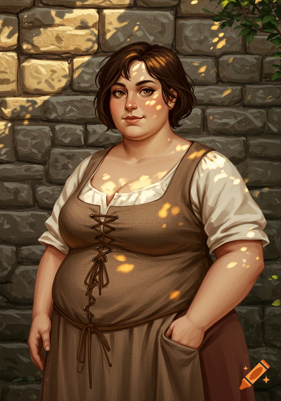 A digitally painted portrait of a chubby woman with short brown hair in a medieval peasant dress standing before a sunlit stone wall.