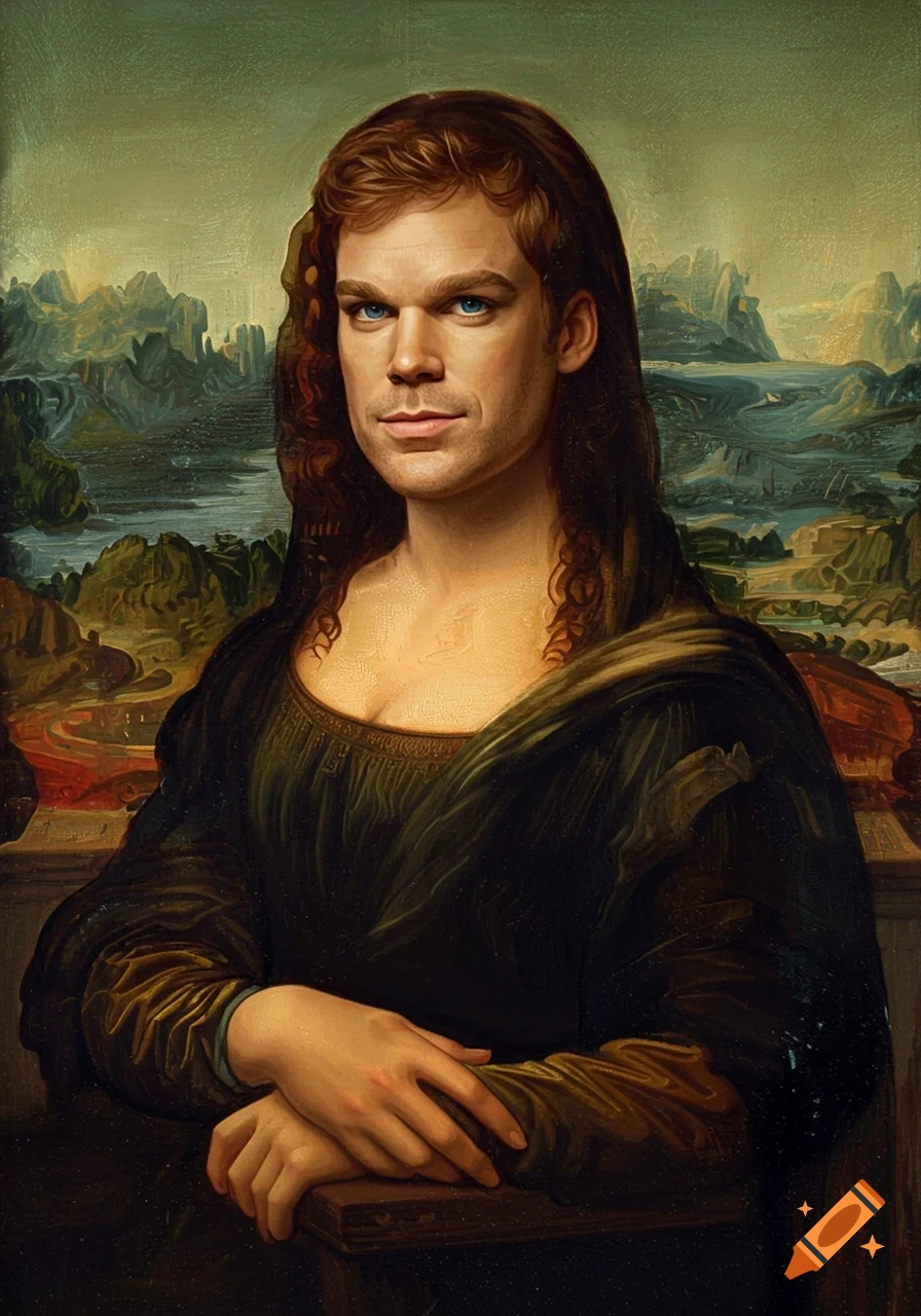 A classical oil painting of Michael C. Hall's face as the Mona Lisa, with long brown hair and a serene expression.
