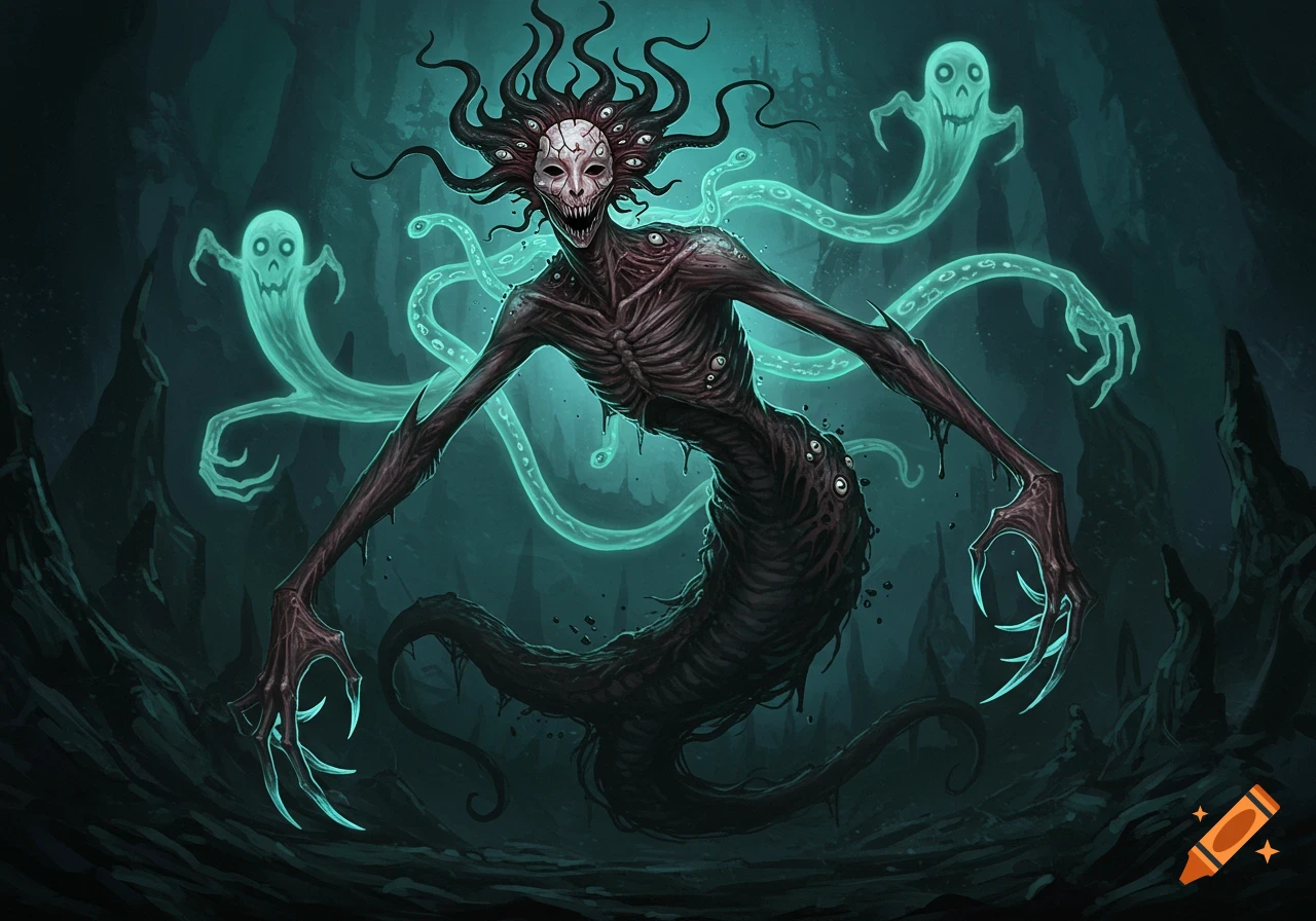 A monstrous, emaciated creature with many eyes, sharp claws, and tentacles for hair stands in a dark cave surrounded by glowing, ghostly figures. Stylized horror art.