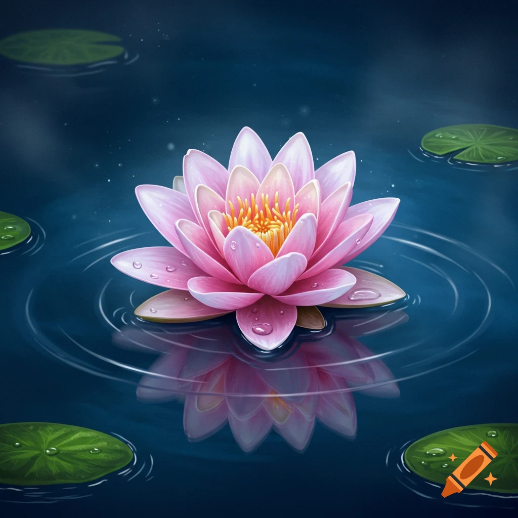 A vibrant pink lotus flower with water droplets floating on dark blue water, surrounded by lily pads and ripples.