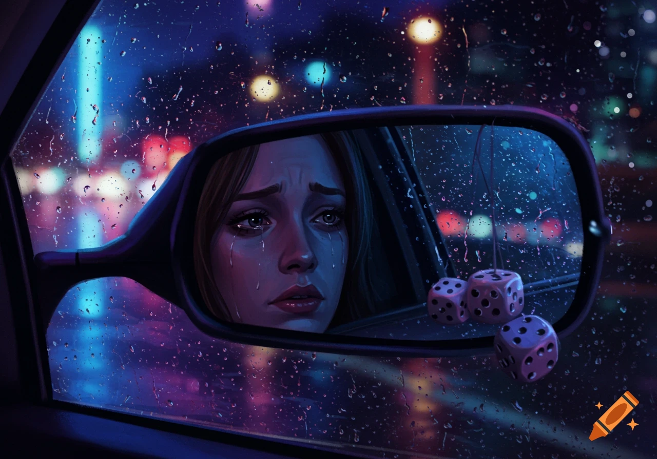 Digital art of a crying woman reflected in a car's rearview mirror, with fuzzy dice hanging. Rain streaks on the window at night.