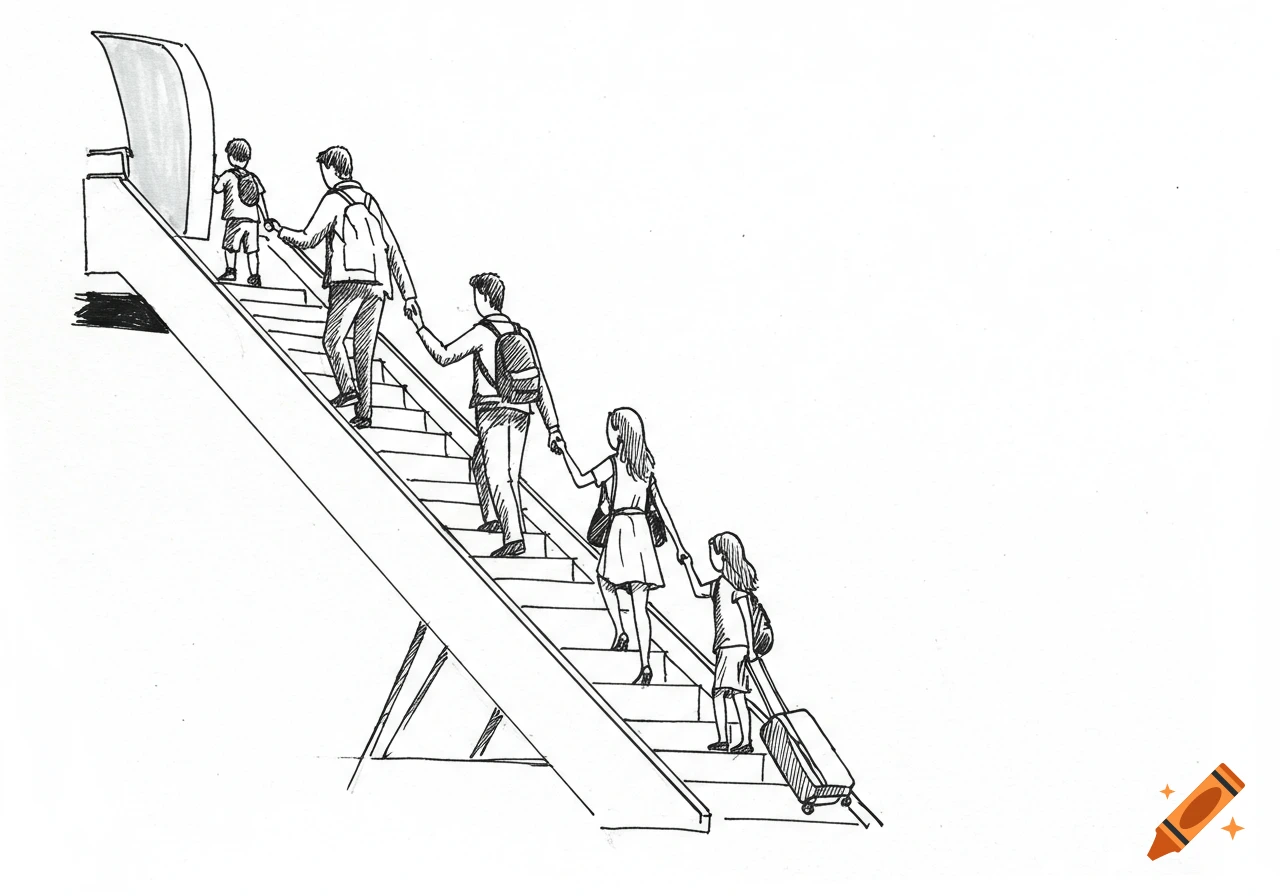 An ink sketch of a family of four, including two adults and two children, walking up the steps to board an airplane.