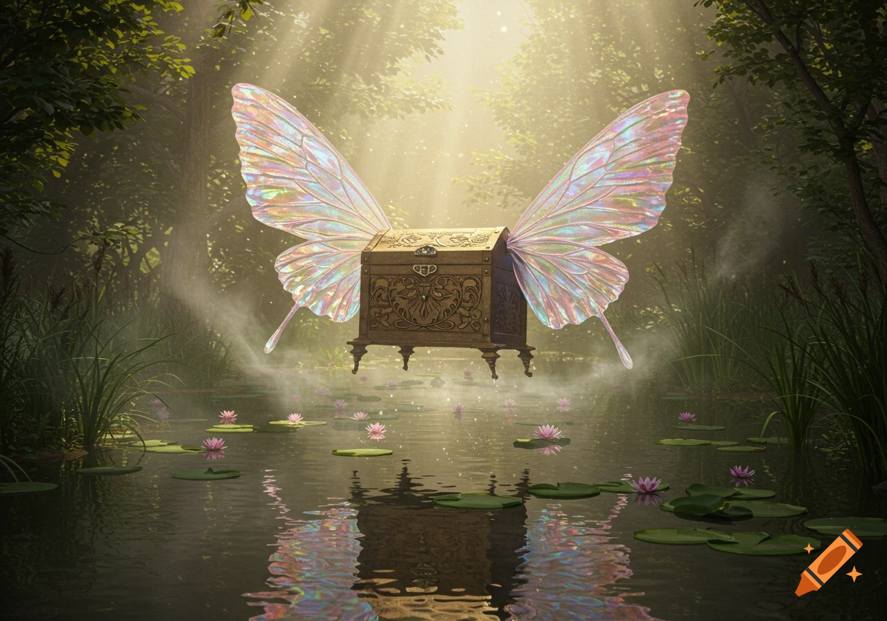A wooden treasure chest with iridescent butterfly wings floats above lily pads in a sun-dappled forest pond.