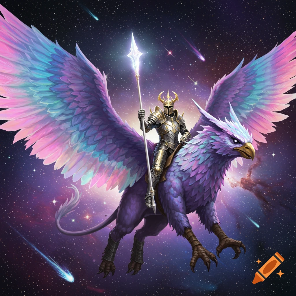 A holy knight in golden armor rides a purple griffon with rainbow-colored wings through a starry nebula.