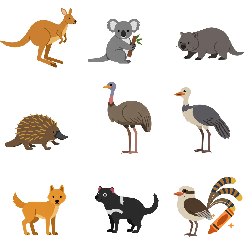 Nine 2D flat style icons of Australian animals: kangaroo, koala, wombat, echidna, emu, dingo, Tasmanian devil, kookaburra, and another bird.