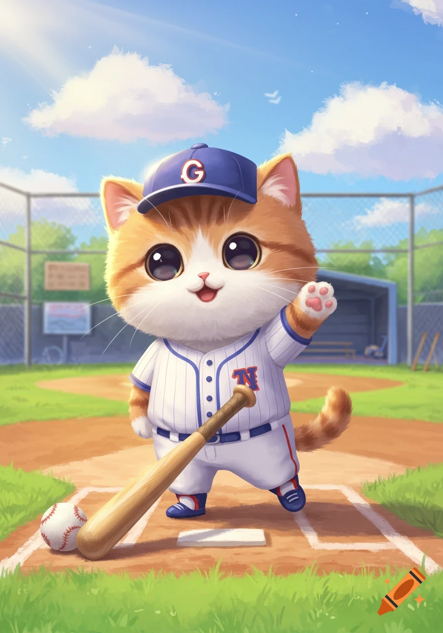 A cute orange and white cartoon cat in a baseball uniform and cap, holding a bat on a baseball field.